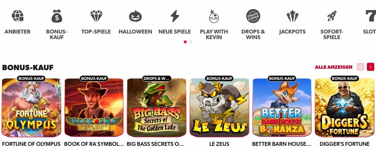 Betista: Spielkategorien und Bonus-Kauf-Slots in der Casino-Lobby