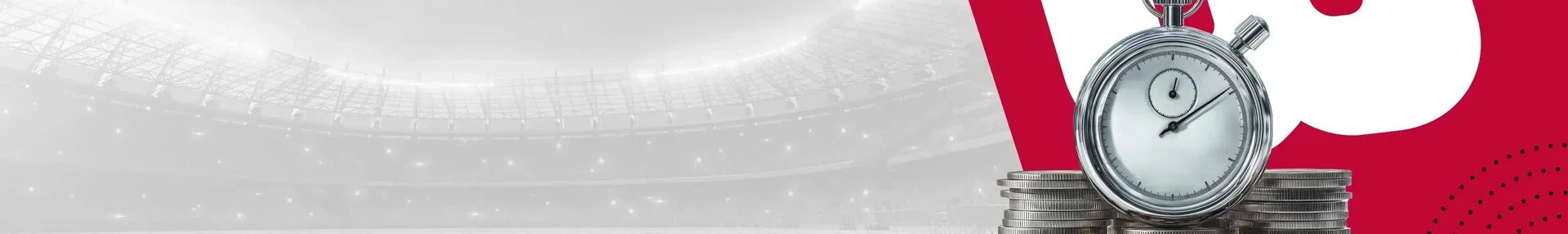 Silberne Stoppuhr auf Münzstapeln vor einem Stadion