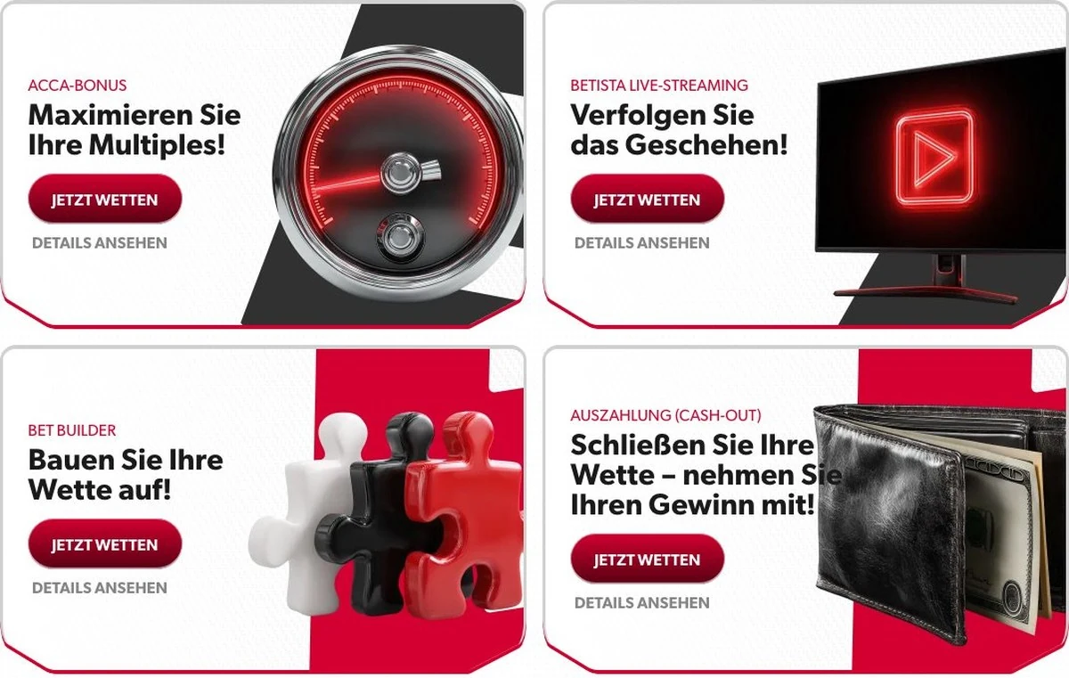 Betista: Promotionsseite mit Kombi-Bonus, Live-Streaming, Bet Builder und Cash-out