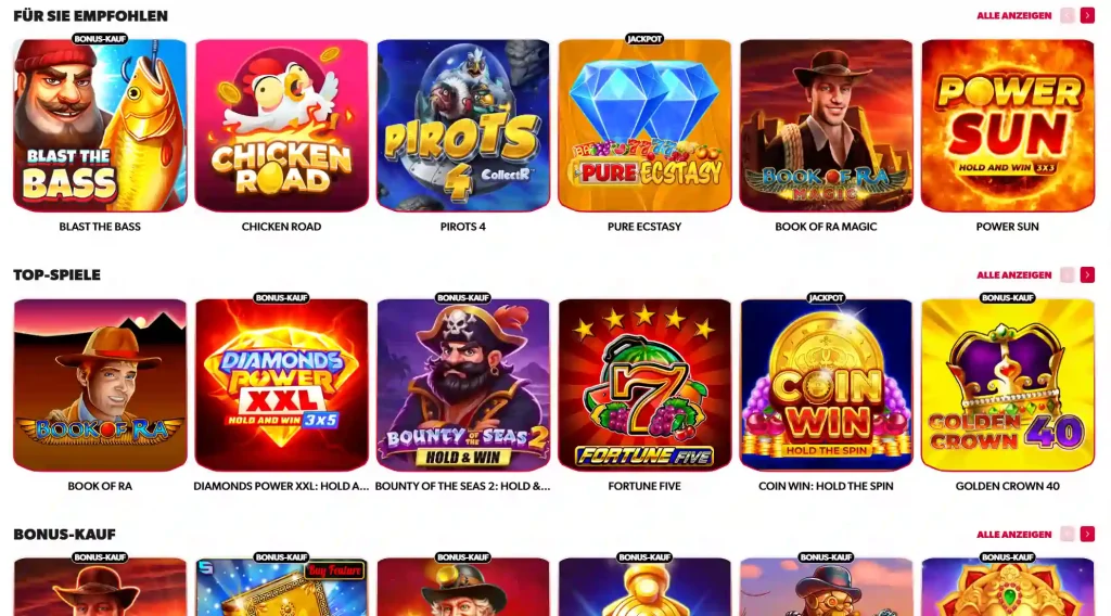 Betista Casino Slot Spiele Lobby mit empfohlenen Slots und Top-Spielen