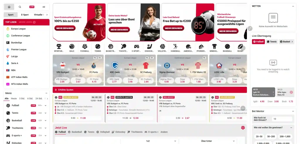 Betista Casino Sportwetten Bereich mit Live-Wetten und Fußballspielen