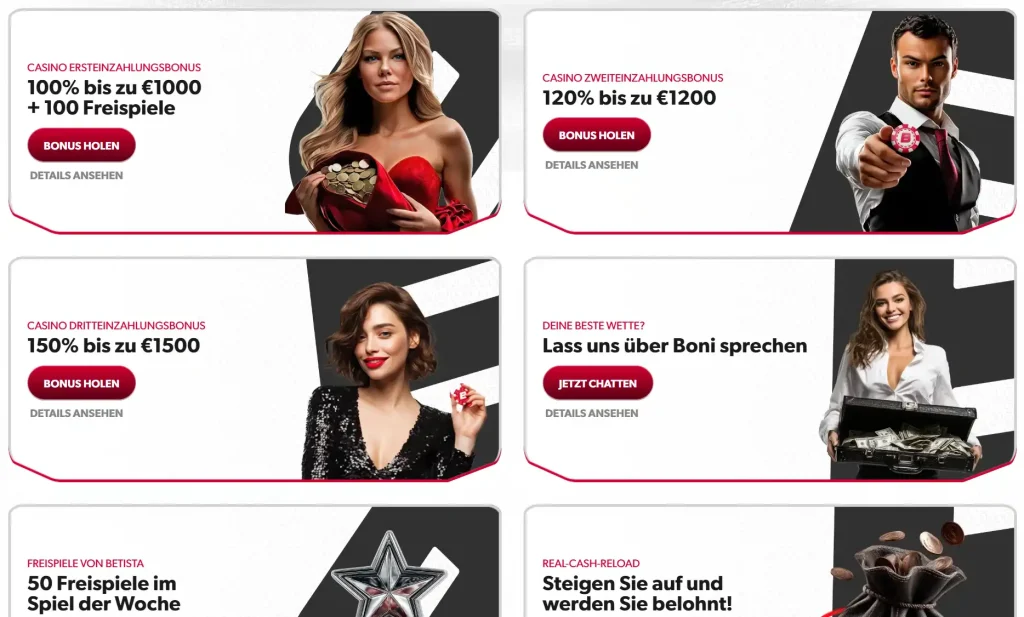 Betista Casino Übersicht der Willkommensboni mit Freispiele und Einzahlungsbonus