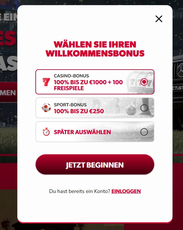 Betista Casino Popup zur Auswahl des Willkommensbonus mit Casino- und Sportbonus