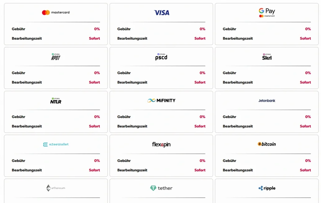 Betista Casino Übersicht der Zahlungsmethoden mit Visa, Mastercard, Skrill und Kryptowährungen